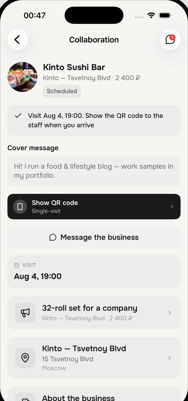goesti. app: collaboration card for a blogger and a business