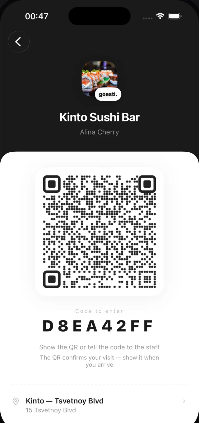 goesti. app: QR code that confirms a blogger visit